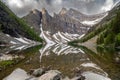 Lake Agnes in the Lake Louise area of Banff National Park, reached via hiking. Calm water in the morning Royalty Free Stock Photo