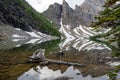 Lake Agnes in the Lake Louise area of Banff National Park, reached via hiking. Calm water in the morning Royalty Free Stock Photo