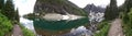 Lake Agnes after rain. Panorama view. Nature background. Mountain, forest and clear water Royalty Free Stock Photo