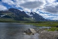 Lake Akkajaure below Akka Mountain Massif summer view in Sweden