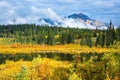 Lake amongst yellowed shrubs and mountains