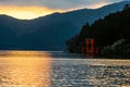 Lake Ashi and Torii gate at sunstet, Hakone Royalty Free Stock Photo