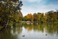 Lake in autumn park near Cesis town, Latvia Royalty Free Stock Photo