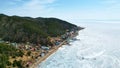 Lake Baikal, Listvyanka village in spring from the air Royalty Free Stock Photo