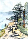 Lake Baikal, russia, the source of the Angara river, the observation deck at the stone of chersky, travel sketch, watercolor