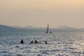 Lake Balaton at sunset in back light with sailboats and bathers Royalty Free Stock Photo
