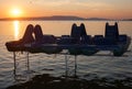 Lake Balaton sunset with pedal boats in the front Royalty Free Stock Photo