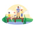 Lake bank with family fishing together, flat vector illustration isolated. Royalty Free Stock Photo