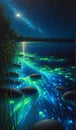 A lake with bioluminescent algae creating a mesmerizing glow at night. landscape, Nature Painting