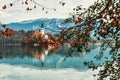 Lake Bled in autumn season with colorful trees Royalty Free Stock Photo