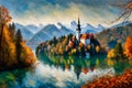 Lake Bled in autumn, Slovenia, Europe, Oil painting