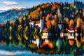 Lake Bled with Bled castle, Slovenia, Europe, Digital painting