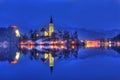 Lake Bled, The Church of the Assumption of the Virgin Mary, Bled Island, Slovenia - night picture Royalty Free Stock Photo