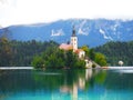 Lake Bled, church on the island. Slovenia. Europe.