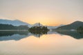 Lake Bled at dawn with island and castle, Slovenia Royalty Free Stock Photo