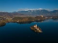 Lake Bled with the island aerial panoramic view at high altitude in the winter Royalty Free Stock Photo