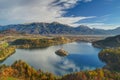 Lake Bled, Island Bled and church Assumption of the Virgin Mary , Slovenia - autumn view from peak Mala Osojnica Royalty Free Stock Photo