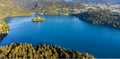 Lake Bled and island with church from above Royalty Free Stock Photo