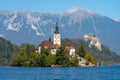 Lake Bled island with mountains in the background