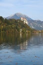 the charming natural scenery of Lake Bled with Alps at background and blue water