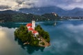 Lake Bled, Slovenia - Aerial view of beautiful Lake Bled Blejsko Jezero with the Pilgrimage Church of the Assumption of Maria Royalty Free Stock Photo