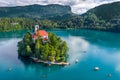 Lake Bled, Slovenia - Aerial view of beautiful Lake Bled Blejsko Jezero with the Pilgrimage Church of the Assumption of Maria