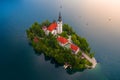 Lake Bled, Slovenia - Aerial view of beautiful Lake Bled Blejsko Jezero with the Pilgrimage Church of the Assumption of Maria Royalty Free Stock Photo