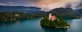 Lake Bled, Slovenia - Aerial view of Lake Bled Blejsko Jezero with the beautiful Pilgrimage Church of the Assumption of Maria Royalty Free Stock Photo