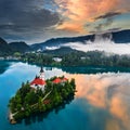 Lake Bled, Slovenia - Beautiful aerial view of Lake Bled Blejsko Jezero with the Pilgrimage Church of the Assumption of Maria Royalty Free Stock Photo