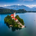 Lake Bled, Slovenia - Beautiful aerial view of Lake Bled Blejsko Jezero with the Pilgrimage Church of the Assumption of Maria Royalty Free Stock Photo