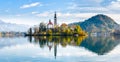 Lake Bled Slovenia. Beautiful mountain lake with small Pilgrimage Church. Royalty Free Stock Photo