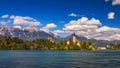 Lake Bled Slovenia. Beautiful mountain lake with small Pilgrimage Church. Most famous Slovenian lake and island Bled with