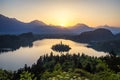 Lake Bled Slovenia. Beautiful sunrise over Bled lake with small Pilgrimage Church. Most famous Slovenian lake and island Bled with Royalty Free Stock Photo