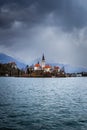 Lake Bled, Slovenia - Beautiful view of Lake Bled with Pilgrimage Church of the Assumption of Maria on Bled Island, Bled Castle Royalty Free Stock Photo