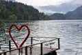 Lake Bled in Slovenia. Installation in shape of red heart , locks of love