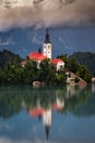 Lake Bled, Slovenia - Morning view of Lake Bled Blejsko Jezero with the Pilgrimage Church of the Assumption of Maria