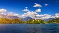 Lake Bled with St. Marys Church of Assumption on small island. Bled, Slovenia, Europe. The Church of the Assumption, Bled, Royalty Free Stock Photo