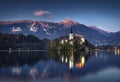 Lake Bled with St. Marys Church of the Assumption on the small island; Bled, Slovenia, Europe Royalty Free Stock Photo