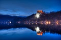 Lake Bled view on the castle at night in Slovenia