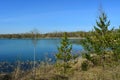 Lake with blue water and pine trees on the bank. Picturesque landscape in early spring Royalty Free Stock Photo