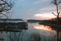 Lake, boat dock & sunset Royalty Free Stock Photo