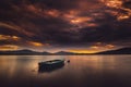 Lake boat landscape sunset nature moutain Royalty Free Stock Photo