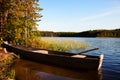 Lake boat, old canoe on forest lake Royalty Free Stock Photo