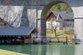 lake boathouse tower farmhouse framed arch bridge Royalty Free Stock Photo