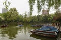 Lake with boats scenery at park of Chengdu