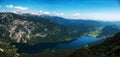 Lake Bohinj in summer, famous travel destination in Triglav national park in Slovenia, aerial shot Royalty Free Stock Photo