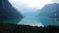 Lake bottom Loenvatnet with glacial river starting to flow dowm Lodalen valley Forward moving aerial