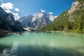 Lake Braies also known as Pragser Wildsee or Lago di Braies in Dolomites Mountains, famous for hiking Royalty Free Stock Photo