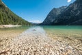 Lake Braies also known as Pragser Wildsee or Lago di Braies in Dolomites Mountains, famous for hiking Royalty Free Stock Photo