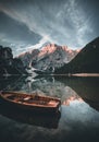 Lake Braies also known as Pragser Wildsee or Lago di Braies in Dolomites Mountains, Sudtirol, Italy Royalty Free Stock Photo